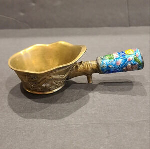 Vintage Chinese Brass Scoop Ladle with Dragon Motif and multi colored handle
